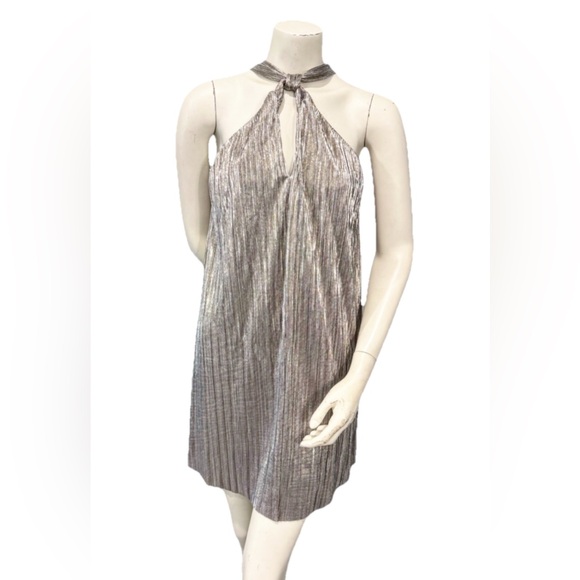 LUSH Metallic Silver Pleated Halter Mini Dress Size Small S Style DR94409 - Picture 1 of 8